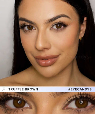 A female model with natural dark eyes wearing Pink Label Truffle Brown contact lenses, complemented by subtle eyeshadow and redlipstick and Close-up image showcases the model's eyes adorned with the same brown contact lenses