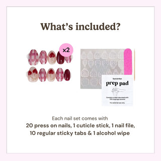 Press on nails manicure kit essentials featuring 20 nails, 10 adhesive tabs, nail file, cuticle stick, and alcohol prep wipe included in the box.