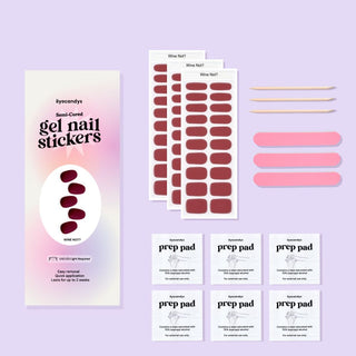 EyeCandys Wine Not  Gel Nail Sticker set includes alcohol prep pads, a wooden stick, and a nail file for easy application. This all-in-one kit ensures a smooth, long-lasting manicure with minimal effort. Perfect for at-home use, these gel nail stickers offer a chip-free finish and come with essential tools for flawless results.