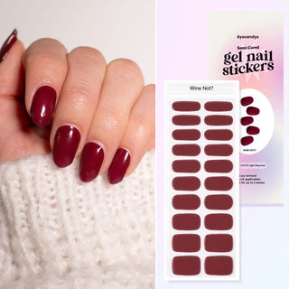 Collage featuring a hand model showcasing the EyeCandys Gel Nail Sticker Wine Not design, along with an overhead image of the same sticker strip and packaging. Perfect for effortless, glamorous nail art with long-lasting wear