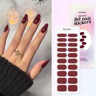 Eyecandys Halloween gel nail stickers in Wine Not shade – deep burgundy semi-cured manicure for spooky season, easy application and salon-quality nails at home.