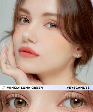 Asian model wearing Winkly Green contact lens with a hint of red lipstick for a unique look above a closeup of a pair of eyes transformed by the green contacts