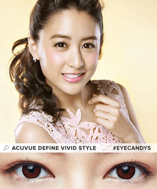 Model wearing Acuvue Define Vivid Black Circle Lens Dailies, above a closeup of her eyes wearing the prescription colour contacts on dark eyes.