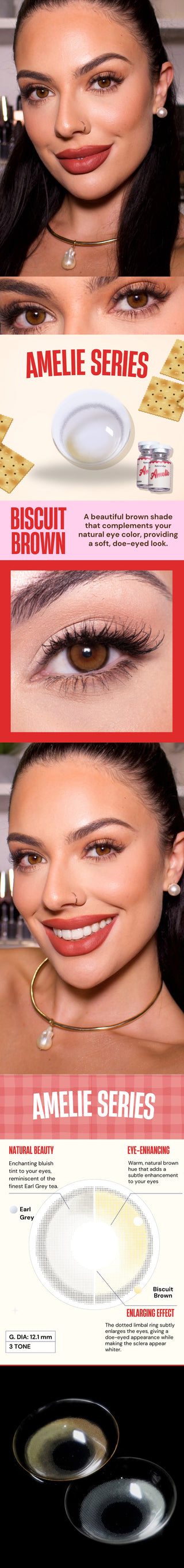 a collage of model image with a natural dark brown eyes wearing the amelie series biscuit brown and a close up eye image and another close up image of the contact lens showing the detail of the same lens. 