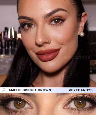 A close-up of a model demonstrating a natural makeup look with eyecandys amelie biscuit brown circle colour contacts, highlighting how well the contact lenses blend with her dark eyes.