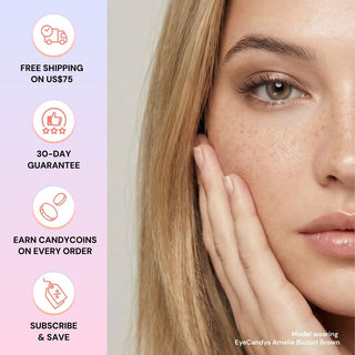 Model with subtle makeup showing EyeCandys Amelie Biscuit Brown prescription coloured contacts, enhancing natural eye color