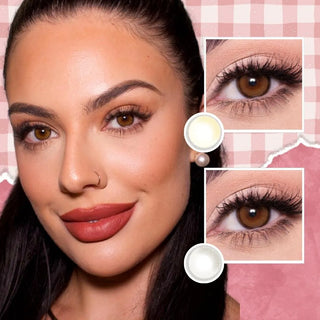 EyeCandys Amelie Earl Grey and Biscuit brown prescription colored contact lenses on a dark eyes and cutout of the lens design