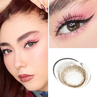 Close-up of a model wearing EyeCandys attitude choco colored contacts, highlighting the warm hazel tones that enhance the natural eye color with a subtle and radiant look.