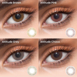 Variety of EyeCandys natural brown, pink, grey and chocolate contact lenses containing embedded metallic particles, each worn with a neutral eye makeup on a separate eye.