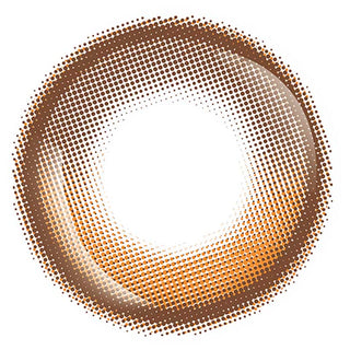 A brown and orange halftone dot pattern, resembling Bausch & Lomb Lacelle Aurora Brown (30pk) lenses, forms a circular gradient ring with a white center—dots are denser at the edge and sparser toward the center.