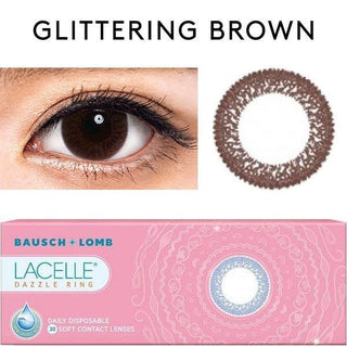 Collage showing Close-up shot of a model eye wearing ﻿Lacelle Dazzle Ring Glittering Brown colored contact lens in one eye that is naturally dark-brown with natural eye make up and lashes, Single ﻿﻿Lacelle Dazzle Ring Glittering Brown contact lens on a white surface showing the pixel detail, and the box or packaging of ﻿﻿Lacelle Dazzle Ring Glittering Brown 30 soft contact lenses - EyeCandys