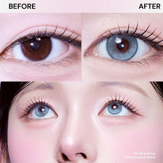 Close-up of eyes with long lashes and natural makeup before and after wearing EyeCandys Olola Meow Scottish Green prescription colored contact lens, highlighting vibrant green eye color.