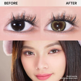 Collage showing close-up of eye with long lashes before and after wearing EyeCandys Brown Heart contact lens – beige-brown heart-shaped design enhances iris with subtle enlargement, natural coverage, and warm, romantic sparkle.