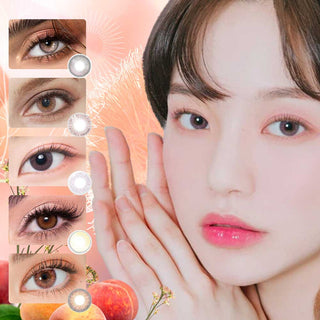 Bundle set of 5 peach-inspired pink color contact lenses worn on various models' dark eyes, next to a female model wearing a pink contact lens