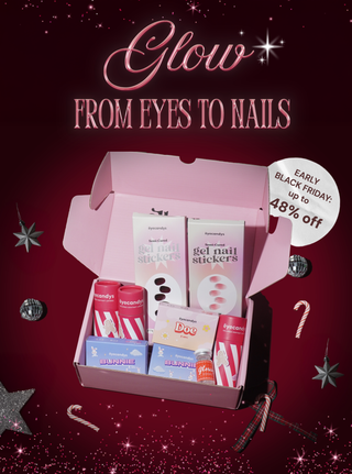 EyeCandys Black Friday sale box featuring gel nail stickers and colored prescription contact lenses including Doe, Bunnie, and other EyeCandys lenses.