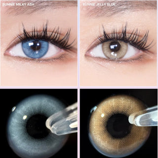 Close-up images show two eyes wearing colored contacts: the left eye has EyeCandys Doe Blue, a blue-grey lens with a natural iris design and UV protection; the right displays another lens. Below are detailed shots of each EyeCandys product.