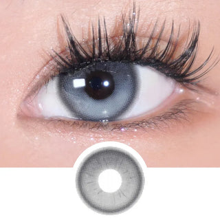 EyeCandys Bunnie Milky Ash Grey contact lenses – close-up of ash grey eyes with soft limbal ring and glowy, light-reflecting design for a luminous natural look.
