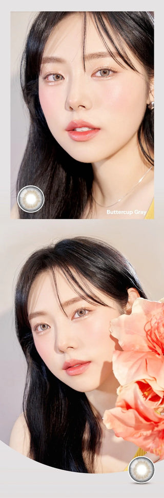 A close-up of a model demonstrating a natural makeup look with Ann365 Buttercup Grey circle colour contacts, highlighting how well the contact lenses blend with her dark eyes.