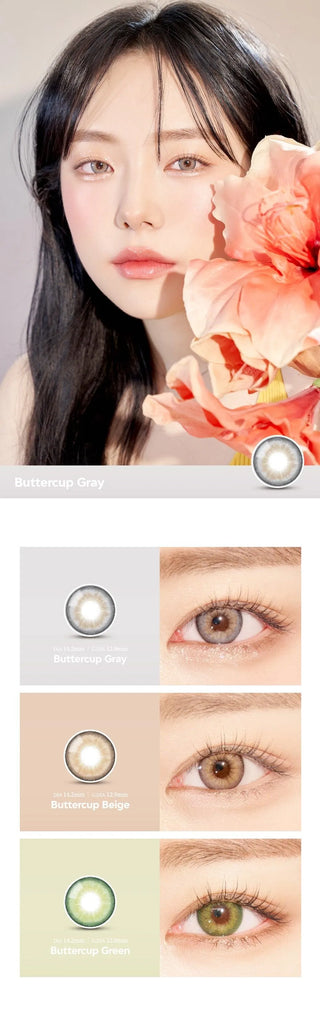 A close-up of a model demonstrating a natural makeup look with Ann365 Buttercup Grey circle colour contacts, highlighting how well the contact lenses blend with her dark eyes.