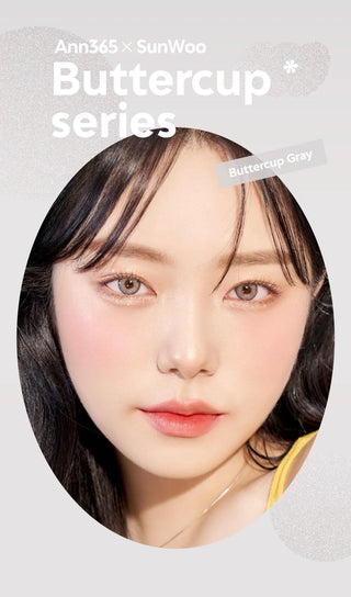 A close-up of a model demonstrating a natural makeup look with Ann365 Buttercup Grey circle colour contacts, highlighting how well the contact lenses blend with her dark eyes.