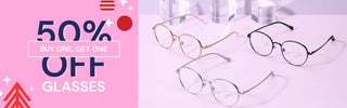 Banner advertising prescription eyeglasses on EyeCandys (Buy 1 Get 1 50% Off). On the left is various round metal glasses frames in rose gold, silver and black, on a purple background.