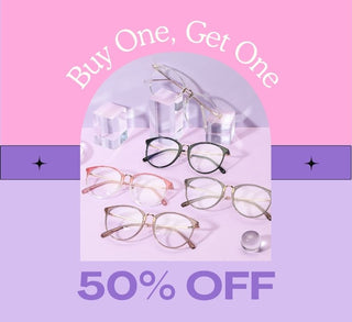 Banner advertising prescription eyeglasses on EyeCandys (Buy 1 Get 1 50% Off). Up close shots of acrylic colorful oversized eyeglass frames in black, pink, grey, brown and clear.