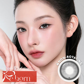 Model wearing i-SHA Reborn Red 1-Day Milky Gray (10pk) colored contact lenses from EyeCandys