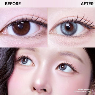 Before-and-after comparison of eyes with natural makeup wearing EyeCandys Olola Meow Scottish Grey lens, showing realistic grey enhancement.