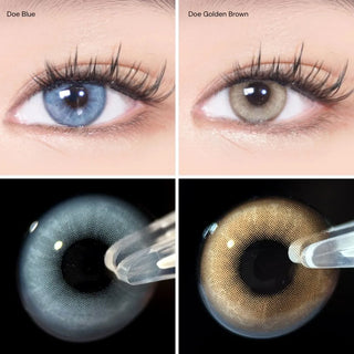 Close-up of eyes with long lashes wearing EyeCandys Doe Blue and Doe Golden Brown contact lenses, showing bold ocean-inspired and soft honey-brown iris patterns.