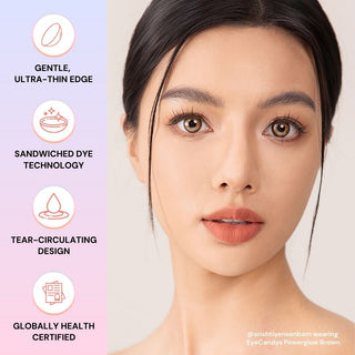 Close-up of model’s face with natural and glowing makeup wearing EyeCandys PowerGlow Brown prescription colored contact lens, highlighting warm brown eyes.