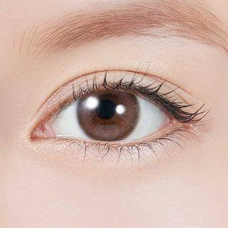A close-up of a brown eye with long lashes and defined brows, featuring clear skin, natural makeup, and Topards 1-Day Cream Rose (10pk) contact lenses by Topards for added UV protection.