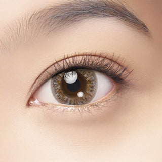 A close-up of a person's eye with a brown iris enhanced by Bausch & Lomb Lacelle Dear Brown (30pk) contact lenses. The person has long eyelashes, smooth light skin, and their eyebrow is visible above the eye.