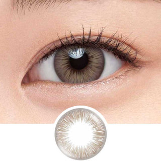 Close-up of model's eye wearing EyeCandys Define Fresh Latte prescription contact lens, featuring a detailed lens design that enhances eye color with a soft, natural latte shade for clear vision and all-day comfort