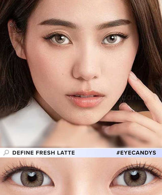 Close-up of model's eyes wearing EyeCandys Define Fresh Latte prescription contact lens, showcasing a natural latte color for eye enhancement, clear vision, and all-day comfort