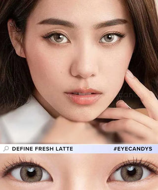 Close-up of model's eyes wearing EyeCandys Define Fresh Latte prescription contact lens, showcasing a natural latte color for eye enhancement, clear vision, and all-day comfort