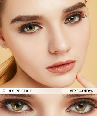 A close-up of a woman with hazel eyes, wearing EyeCandys Promotion Desire Series colored contacts, long lashes, natural makeup, light skin, and nude lipstick. Text reads "DESIRE BEIGE" and "#EYECANDYS".