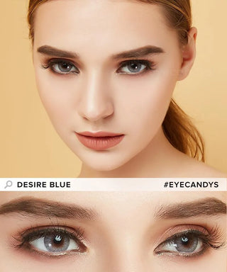 A close-up of a woman with fair skin, light brown hair, and vivid blue eyes enhanced by EyeCandys Promotion Desire Series prescription contacts. Makeup accentuates her look. Text reads “DESIRE BLUE” and “#EYECANDYS.”.