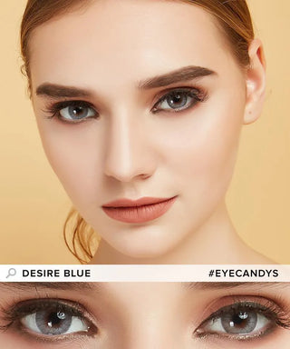 A close-up of a fair-skinned woman wearing EyeCandys Promotion Desire Series colored contacts in blue, natural makeup, and pink lipstick. Her eyes are labeled "Desire Blue." #EYECANDYS.