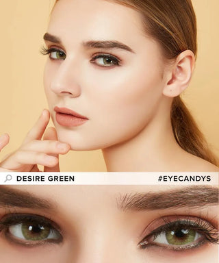 A woman with light skin and green eyes poses against a peach background, wearing natural makeup. A close-up highlights her green eyes enhanced by EyeCandys Promotion Desire Series colored contacts. Text reads "Promotion Desire Series #EYECANDYS".
