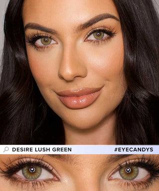 Model showcasing the vibrant color of EyeCandys Desire Lush Green contact lenses on dark eyes with elegant makeup look, above a closeup cutout of the lenses on her eyes.