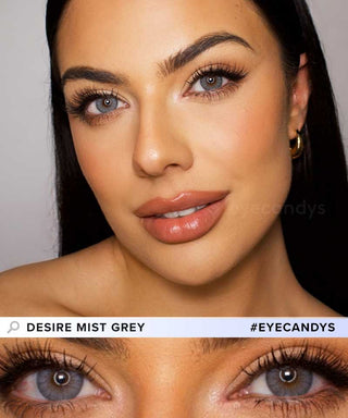 Model wearing EyeCandys Desire Mist Grey colored contact lenses, with a close-up of the eye showing the lens’s soft grey blend.