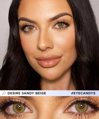 Model wearing EyeCandys Desire Sandy Beige colored contact lenses, with a close-up of the eye highlighting the natural beige tone.