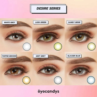 Six close-up images show eyes wearing EyeCandys Promotion Desire Series contacts in white grey, lush green, sandy beige, toffee brown, mist grey, and glacier blue—each labeled with a sample lens displayed on the lower left.
