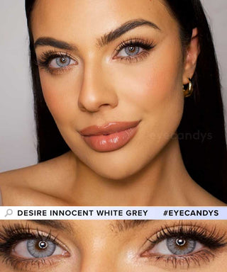 Model wearing EyeCandys Desire Innocent White Grey colored contact lenses, with a close-up of the eye at the bottom showing the lens’s subtle grey pattern and natural blend.