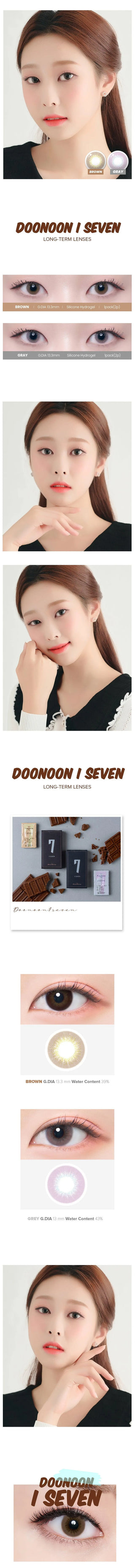 Variety of DooNoon I Seven Brown contact lens colors displayed, with closeups of an eye wearing the contact lens colors, and with a model wearing the contact lens colors showing realistic eye-enlarging effect from various angles.