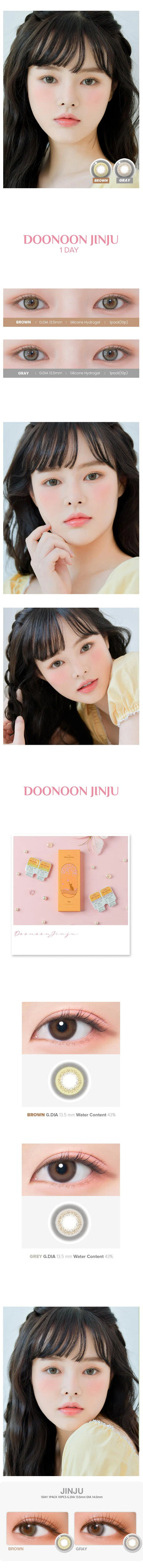 Variety of DooNoon Jinju 1-Day Grey (10pk) contact lens colors displayed, with closeups of an eye wearing the contact lens colors, and with a model wearing the contact lens colors showing realistic eye-enlarging effect from various angles.