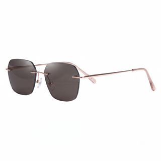 The EyeCandys Dusk Rimless Rectangular features large, dark rectangular lenses and thin rose gold metal frames with nose pads and slim arms for a minimalist look.