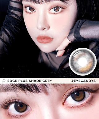 Model showcasing the natural look using i-Sha Oriana Edge Plus 1-Day Shade Grey (10pk) prescription colored contact lenses, above a closeup of a pair of eyes enhanced and widened by the circle lenses.