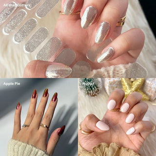 Collage of hands wearing EyeCandys All That Glitters, Apple Pie, and Nudist gel nail stickers – showcases sheer silver sparkle, pastel coral, and nude shades with smooth gel-look finish for a salon-quality manicure at home.