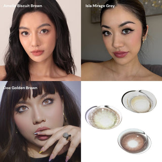 Collage of different models wearing EyeCandys Amelie Biscuit Brown, Isla Mirage Grey, and Doe Golden Brown colored contact lenses, followed by macro shots of each lens showing detailed iris patterns, natural color effects, and subtle enlargement.